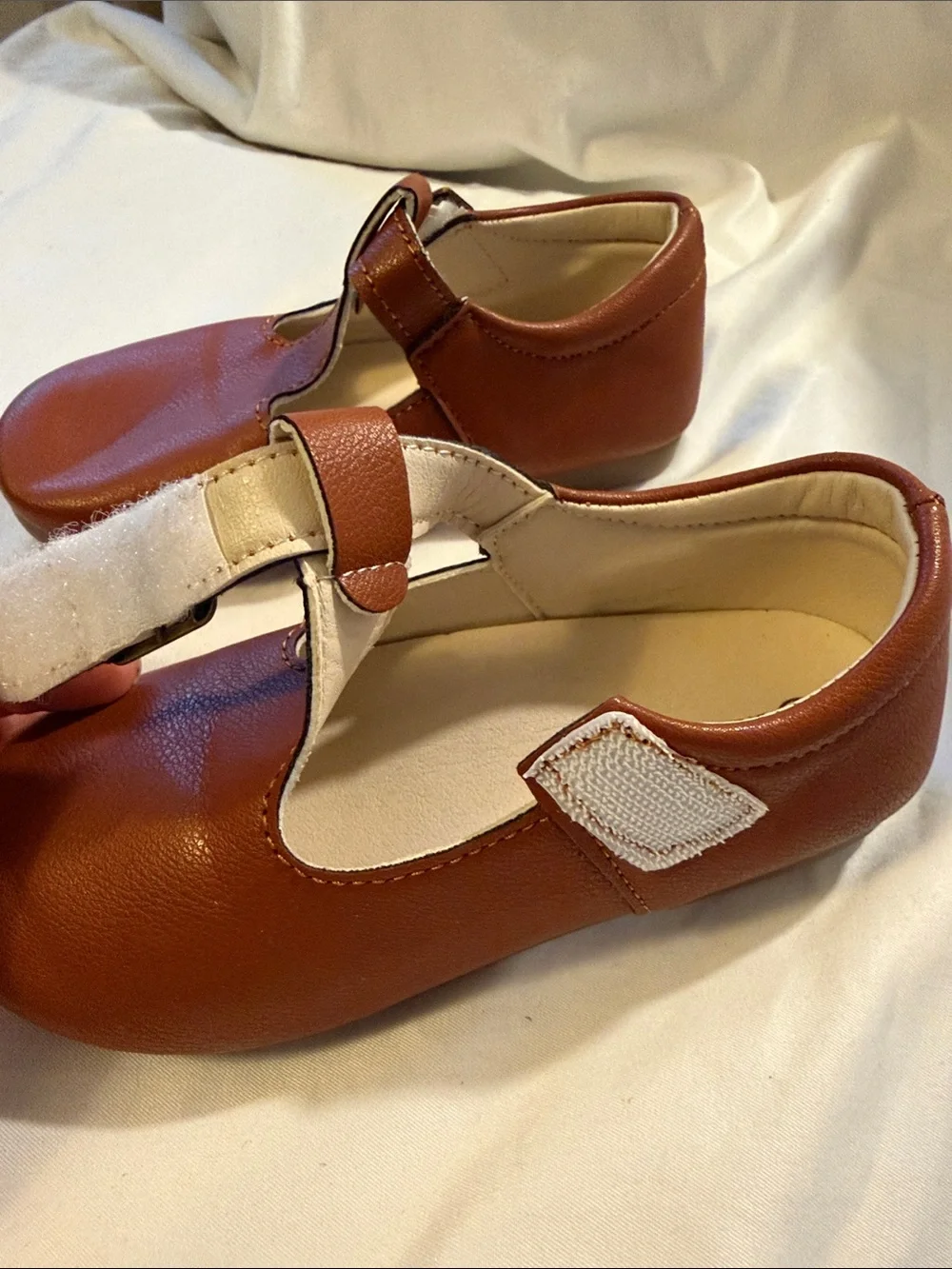 Leather-look Brown T-Bar Kids Dress Shoes with Buckle